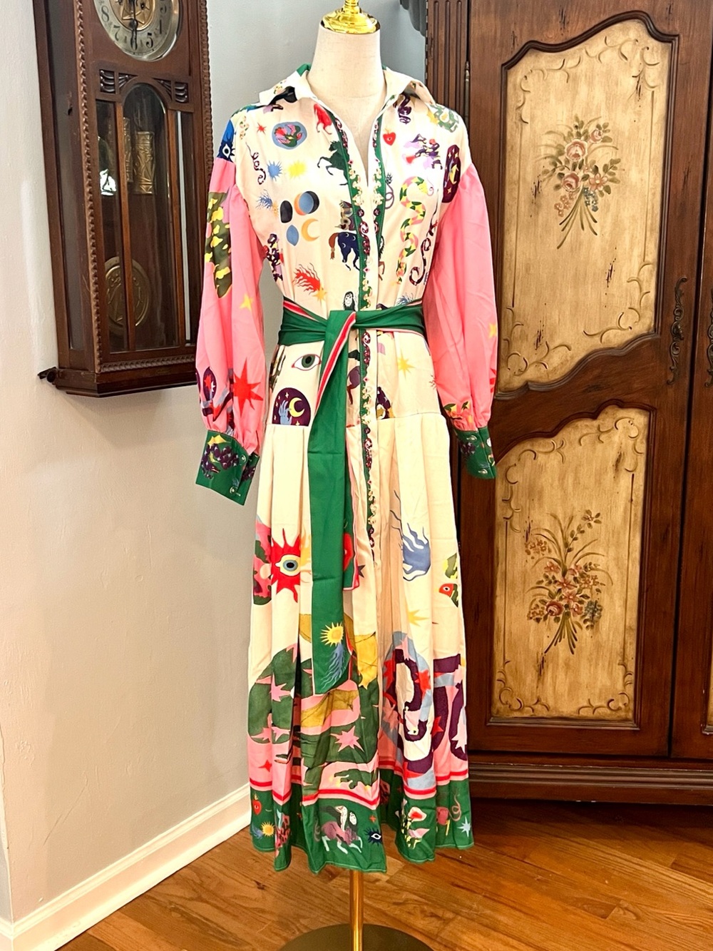 X&Z Maximalist Mediterranean Print Belted Dress Art Deco Resort Dress Size M - Picture 2 of 7